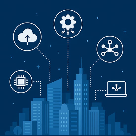Illustration of a digital cityscape connected to cloud computing, AI, data integration, and emerging technologies, representing smart infrastructure and digital transformation. Illustration of a digital cityscape connected to cloud computing, AI, data integration, and emerging technologies, representing smart infrastructure and digital transformation.