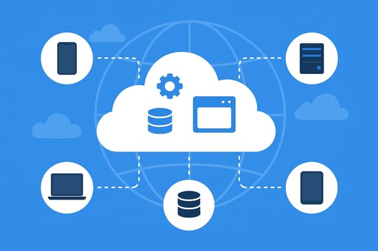 Cloud computing concept showing centralized data and application storage accessed by laptops, mobile devices, and servers, illustrating scalable cloud infrastructure and connectivity. Cloud computing concept showing centralized data and application storage accessed by laptops, mobile devices, and servers, illustrating scalable cloud infrastructure and connectivity.
