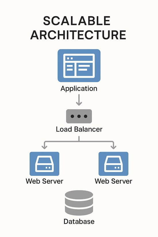 Diagram of scalable software architecture showing application flow through a load balancer to multiple web servers connected to a central database.