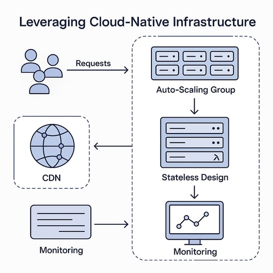 Diagram illustrating cloud-native infrastructure architecture, featuring components like auto-scaling groups, stateless design, monitoring, CDN, and user request flow for scalable and efficient software performance.