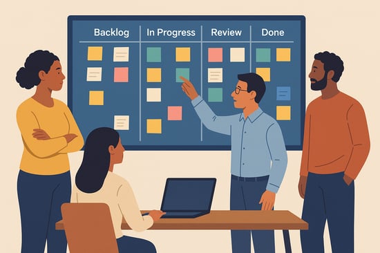 Illustration of a diverse Agile team gathered around a Kanban board with columns labeled Backlog, In Progress, Review, and Done, as one team member points at tasks during a planning session.