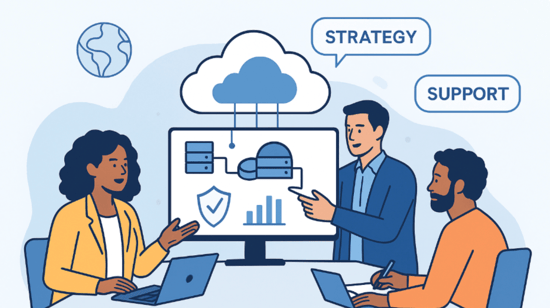Illustration of ICM Solutions consultants discussing secure cloud strategy with clients, showing cloud data, cybersecurity, and analytics on screen with keywords "Strategy" and "Support" overhead. Illustration of ICM Solutions consultants discussing secure cloud strategy with clients, showing cloud data, cybersecurity, and analytics on screen with keywords "Strategy" and "Support" overhead.